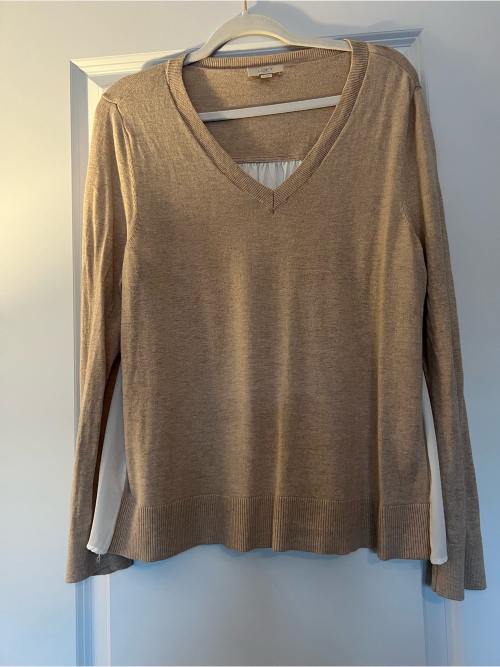 Loft Lightweight V-Neck Layered Look Sweater Camel with Sheer Chiffon Back